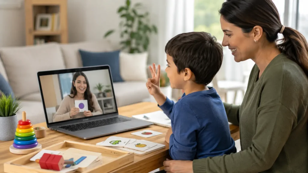 Parent and autistic child participating in an online autism therapy session at home