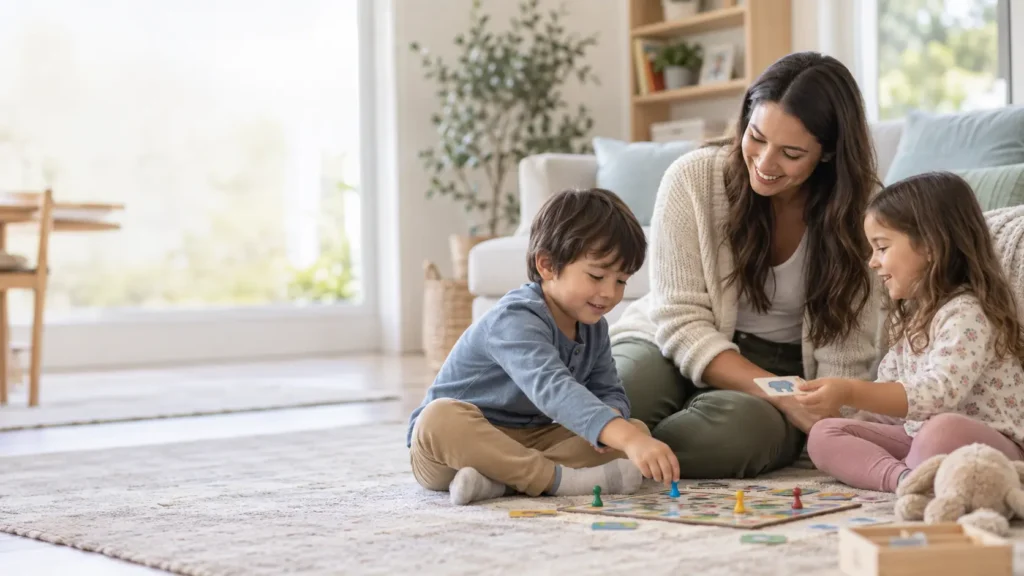 ABA therapist teaching social skills to an autistic child through play and positive interaction